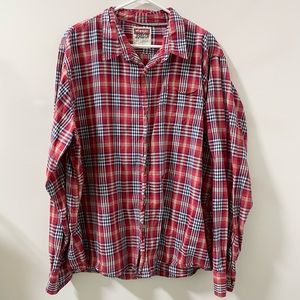 Lightweight, red and blue plaid button-down wrangler
